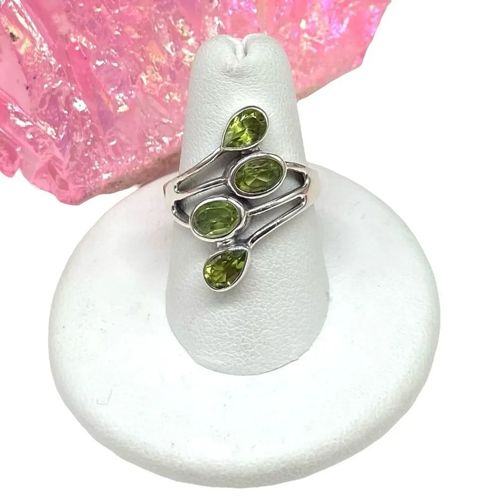 Peridot Ring Solid Sterling Silver 925 Size 7 Multi Stone Green Gemstone